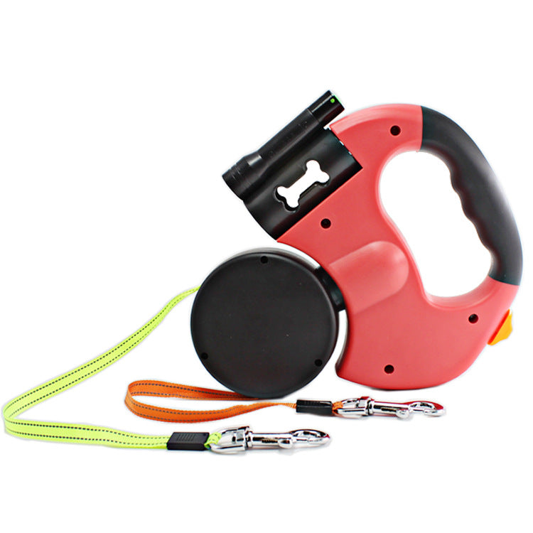 Dual Headed Pet Leashes with Flashlight Garbage Bag Box Automatic Retractable Dogs Traction Rope Legendary Animal Supply