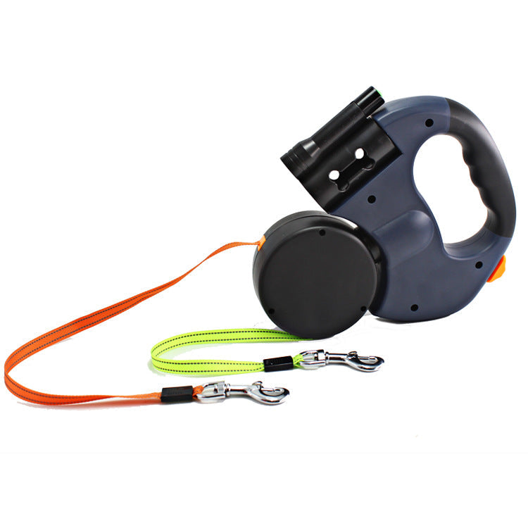 Dual Headed Pet Leashes with Flashlight Garbage Bag Box Automatic Retractable Dogs Traction Rope Legendary Animal Supply