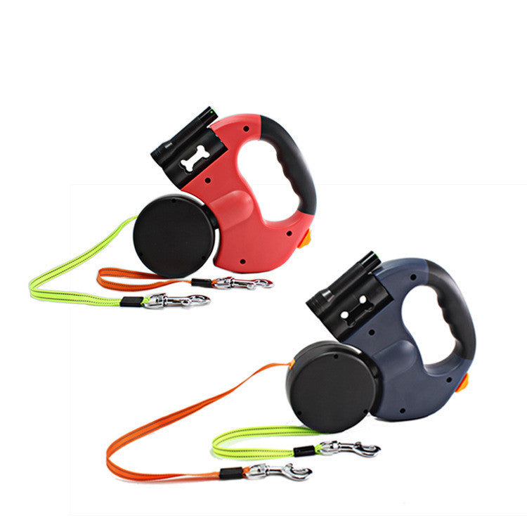 Dual Headed Pet Leashes with Flashlight Garbage Bag Box Automatic Retractable Dogs Traction Rope Legendary Animal Supply