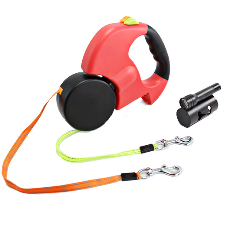 Dual Headed Pet Leashes with Flashlight Garbage Bag Box Automatic Retractable Dogs Traction Rope Legendary Animal Supply