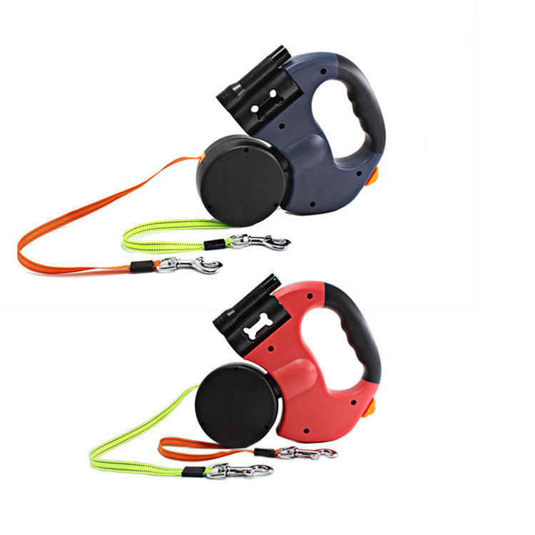 Dual Headed Pet Leashes with Flashlight Garbage Bag Box Automatic Retractable Dogs Traction Rope Legendary Animal Supply