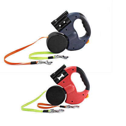 Dual Headed Pet Leashes with Flashlight Garbage Bag Box Automatic Retractable Dogs Traction Rope Legendary Animal Supply
